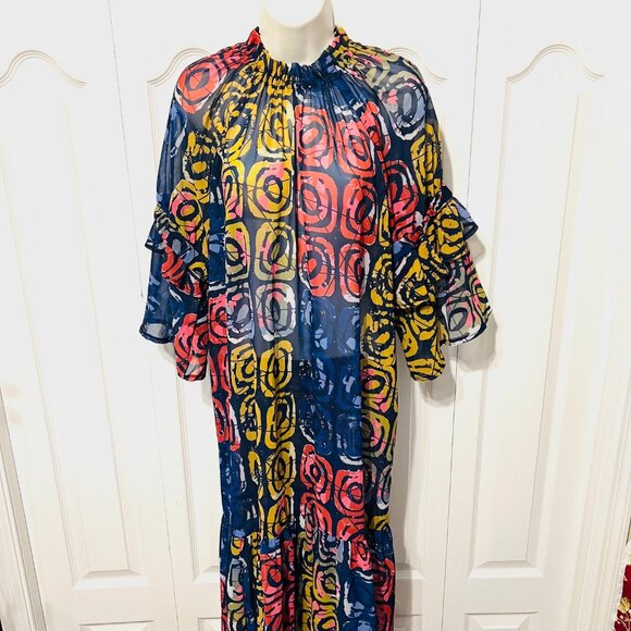 Bijelly Couture Long Maxi Dress-Large-Sheer-Ruffles-High Neck-Geometric-Colorful - Picture 2 of 15
